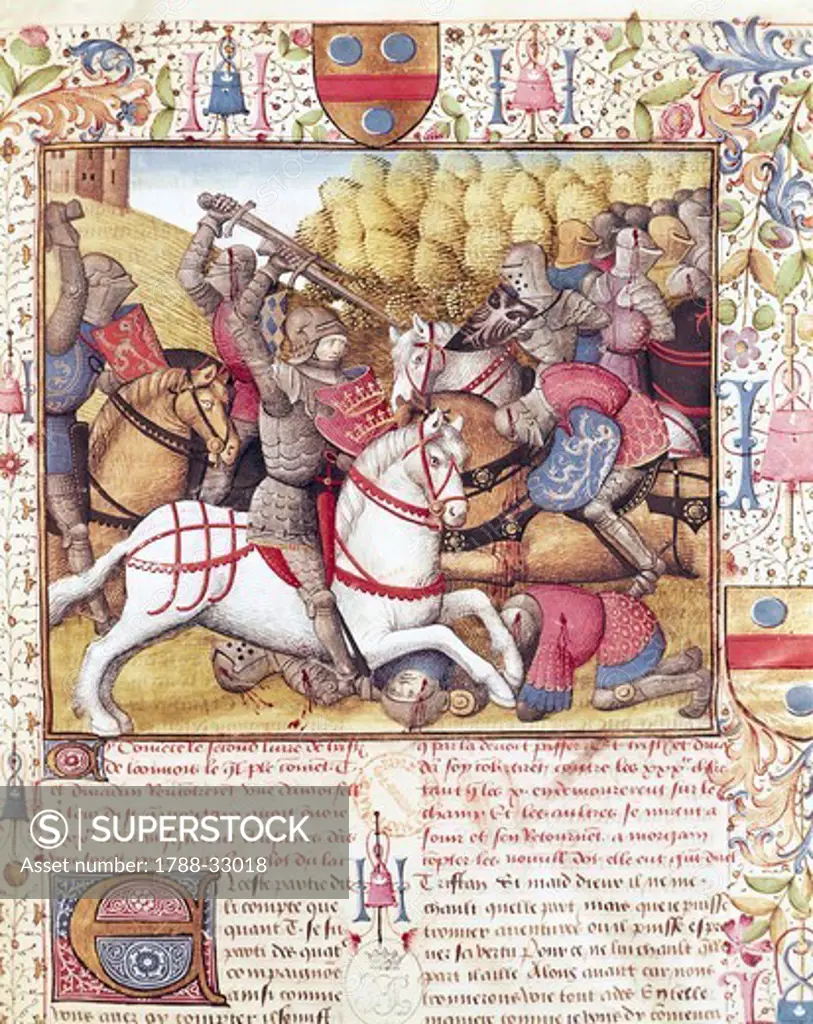 Clash of Cavalry, miniature from Roman de Tristan, manuscript, France 15th Century.
