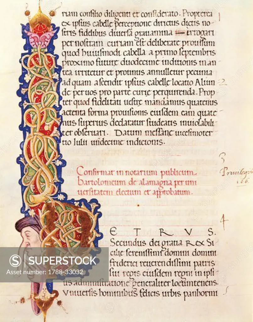 King Peter of Aragon privileges, illuminated page from the Book of Privileges, granted by the king to the town of Palermo, manuscript, 14th-15th Century.