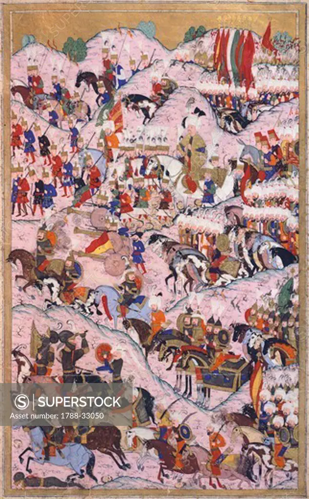 Battle of Mohacs in Hungary on August 29, 1526, miniature from the History of Suleiman the Magnificent's Conquests in Europe, Ottoman manuscript, Turkey 16th Century.