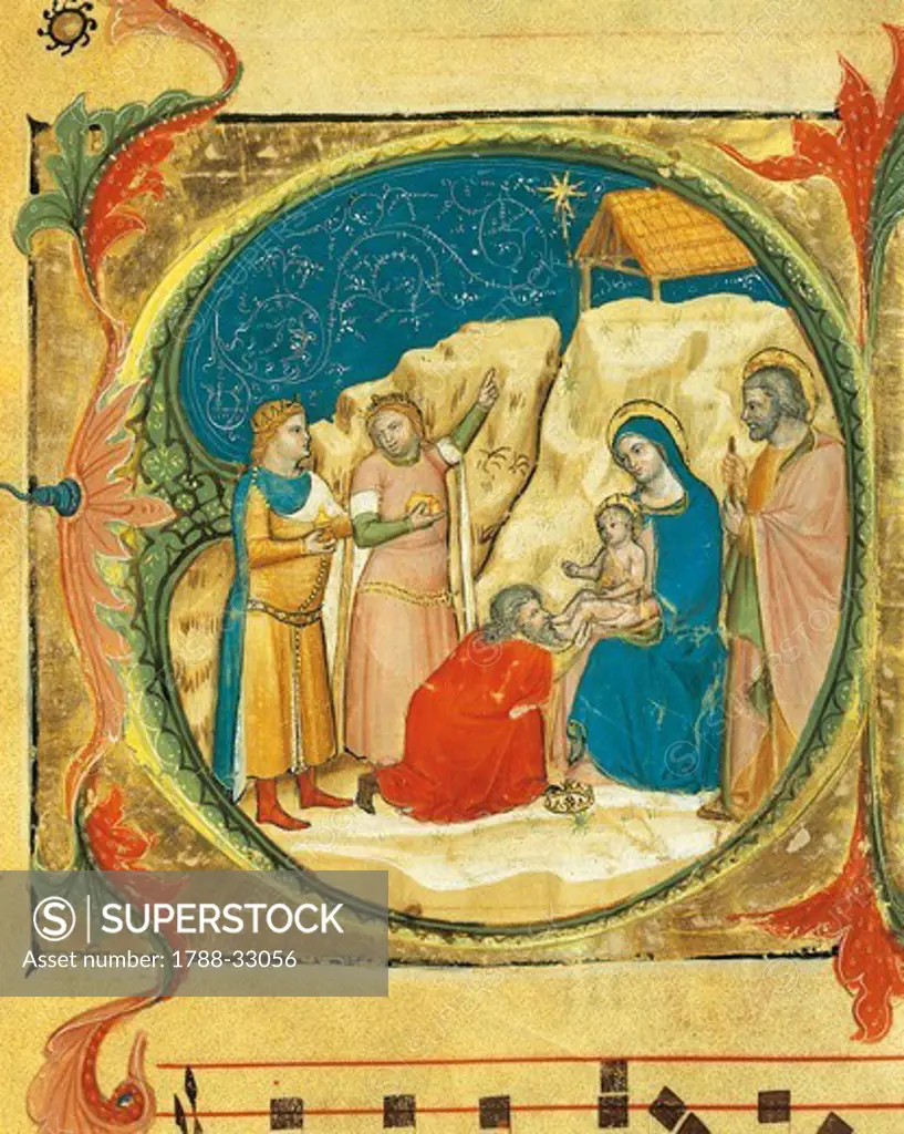 Illuminated initial capital letter O portraying the Adoration of the Magi, by Turone, ca 1360, manuscript, Italy 14th Century.