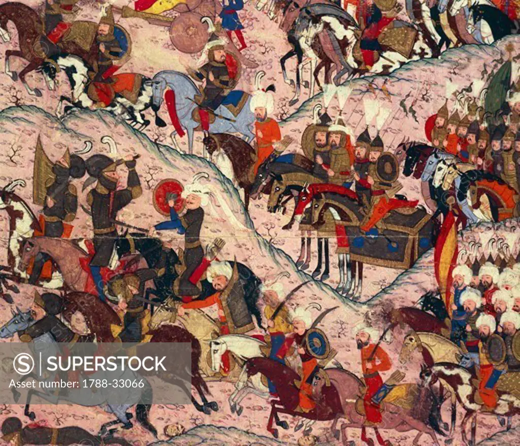 Battle of Mohacs in Hungary on August 29, 1526, miniature from the History of Suleiman the Magnificent's Conquests in Europe, Ottoman manuscript, Turkey 16th Century.