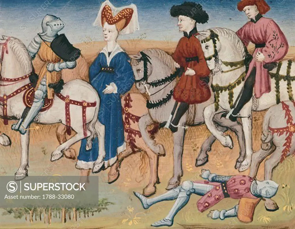 Iseult on horseback accompanied by knights, miniature from Roman de Tristan by Thomas of Britain, France 15th Century, manuscript.