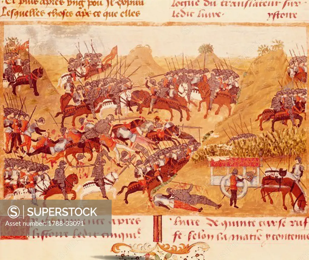 The Great Battle, miniature from the Life of Alexander The Great, France 15th Century.