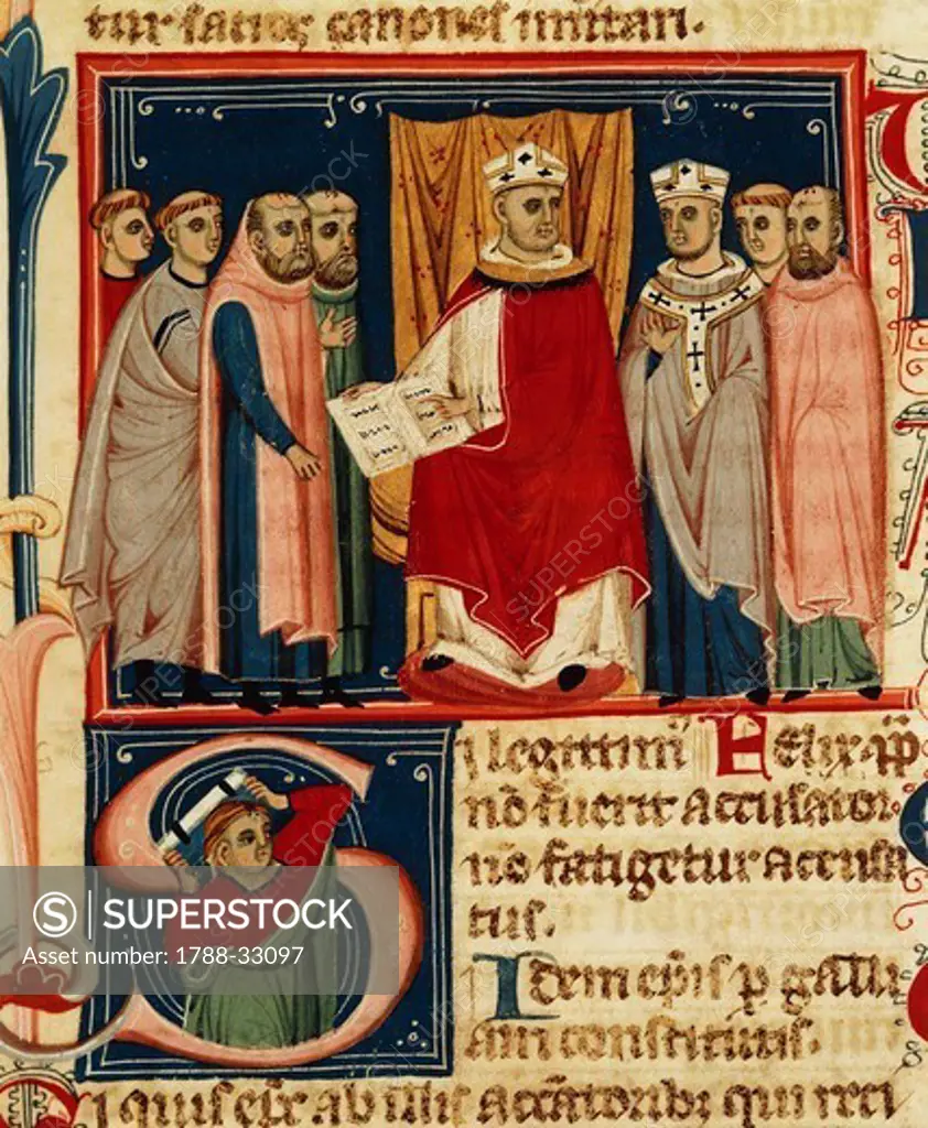Pope Boniface VIII promulgates his own laws, miniature, manuscript, Italy 13th Century.