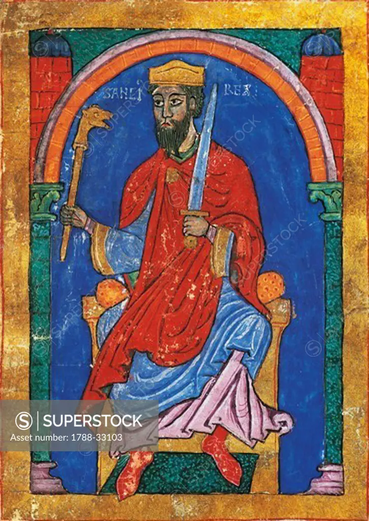 Garcias I, King of Navarra, miniature from the Index of Royal Privileges (Tumbo A), manuscript, Spain 12th Century.