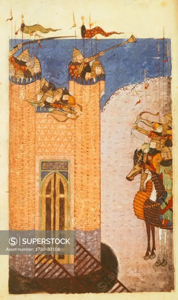 Siege of a citadel by the Mongolian army, miniature from a Persian manuscript, 15th Century.