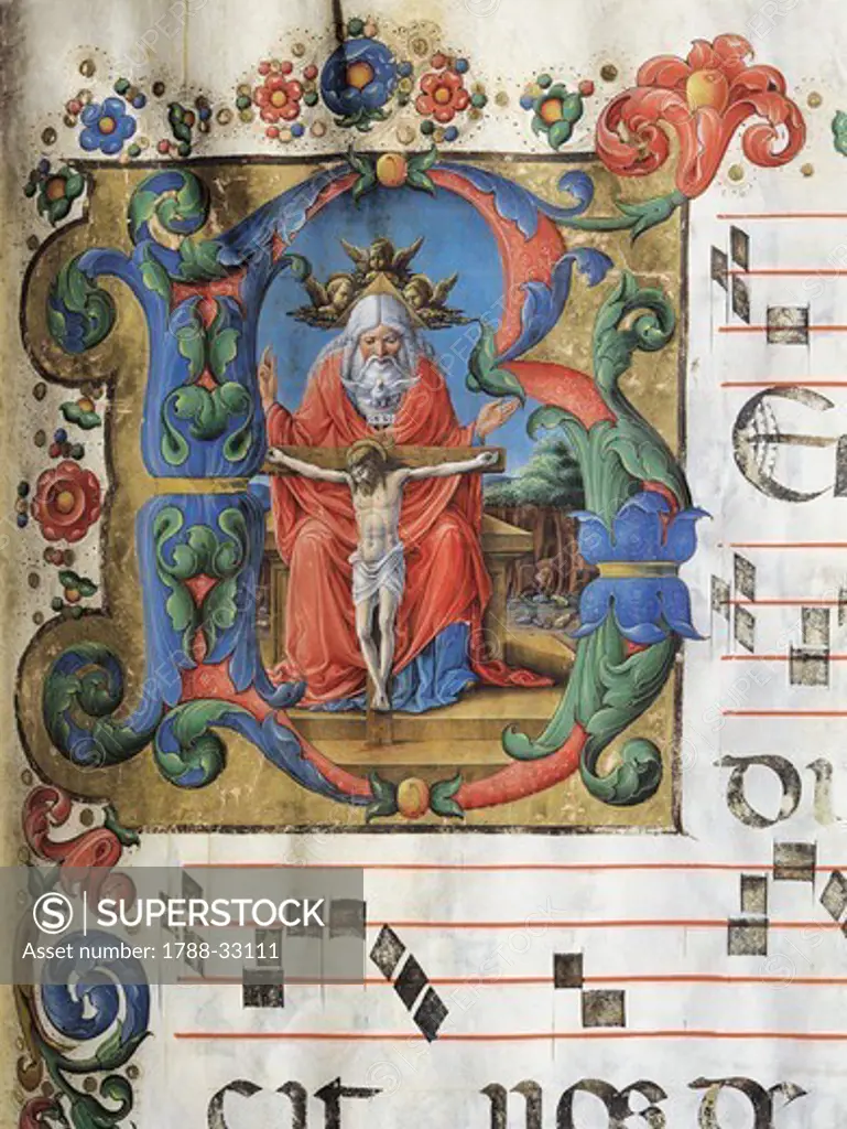 Initial capital letter with the Trinity, miniature by Girolamo of Cremona from a gradual, manuscript, Italy 15th Century.