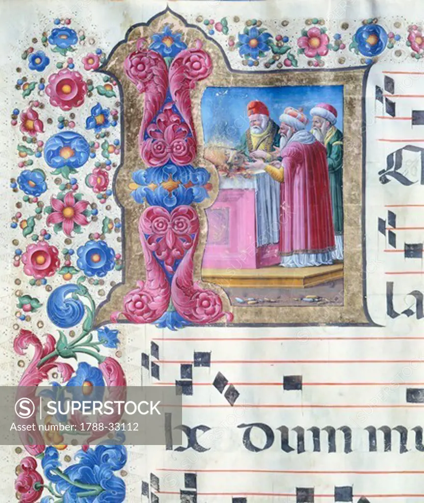 Initial capital letter with a scene of sacrifice, miniature by Girolamo of Cremona from a gradual, manuscript, Italy 15th Century.