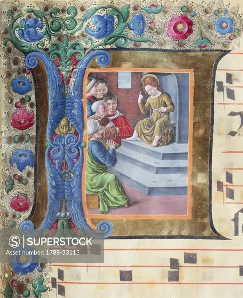 Initial capital letter with child Jesus among the doctors, miniature by Girolamo of Cremona and the Liberal of Verona from a gradual, manuscript, Italy 15th Century.