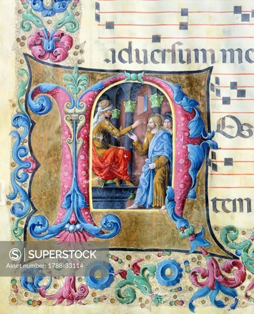 Initial capital letter with Jesus in front of Pontius Pilate, miniature by Girolamo of Cremona and the Liberale of Verona from a gradual, manuscript, Italy 15th Century.