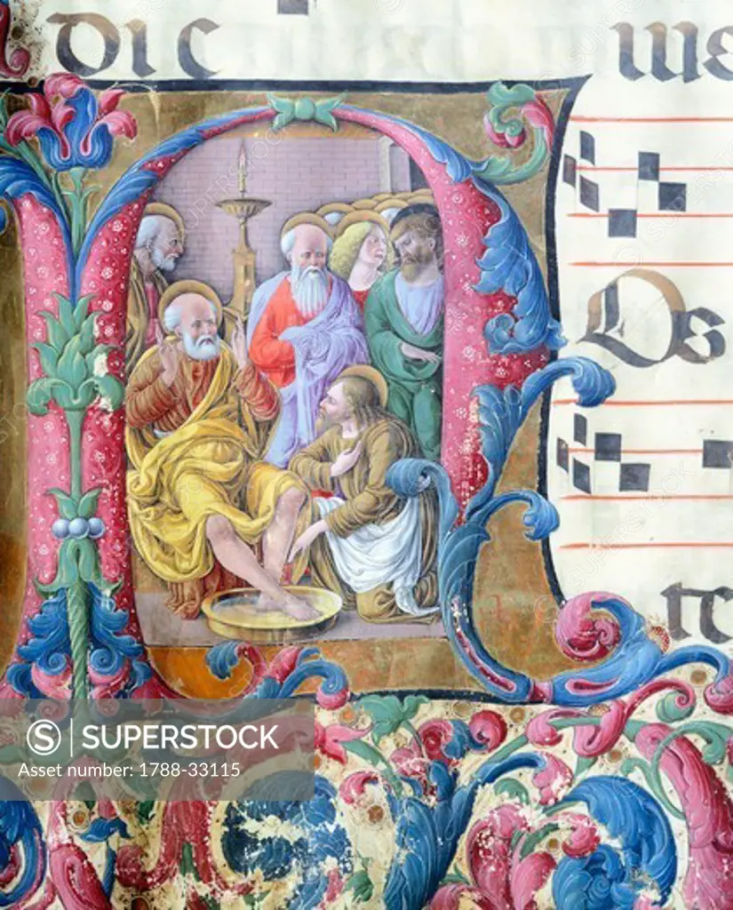 Initial capital letter with Jesus washing the feet of the apostles, miniature by Girolamo of Cremona and the Liberale of Verona from a gradual, manuscript, Italy 15th Century.