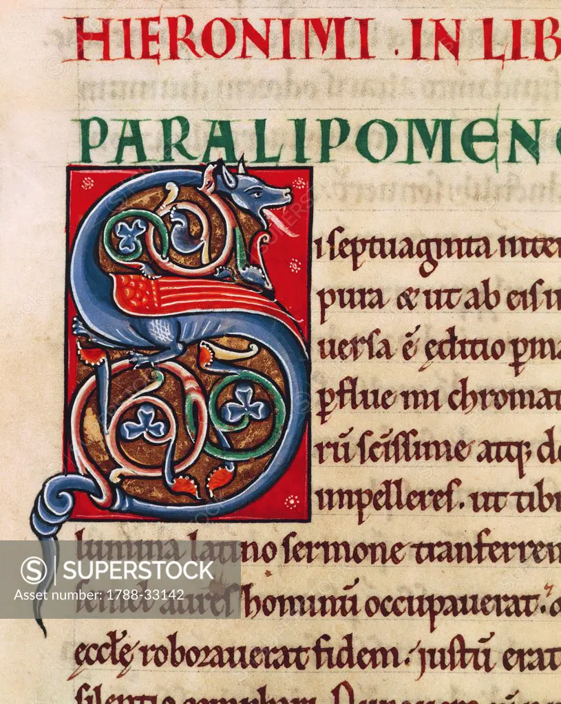 Initial capital letter S depicting a chimera, miniature from a Latin Bible from Montieramey Abbey, manuscript, France 12th Century.