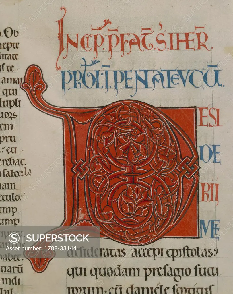 Illuminated initial capital letter from a Bible from Clairaux Abbey, manuscript, France 12th Century.