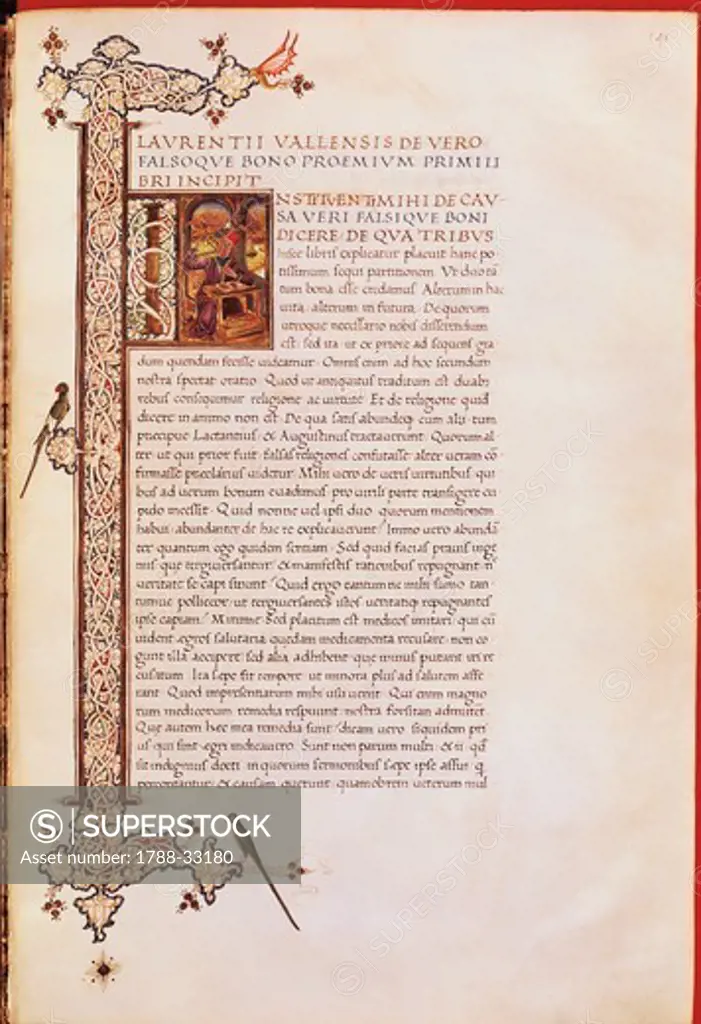 A capital letter, miniature from De vero bono by Lorenzo Valla, manuscript, Italy 15th Century.