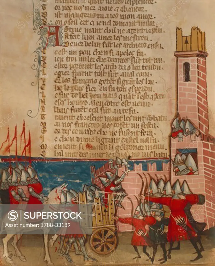 Attack on a fortress equipped with a high tower, miniature from a manuscript, 14th Century.