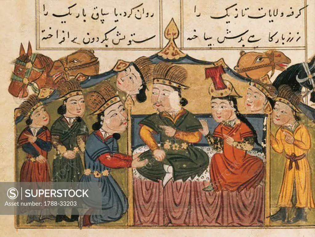 Genghis Khan seated on his throne with his wife under a tent with four Mongols and camels, miniature from Mongolian History in Verse, Persia 15th Century.