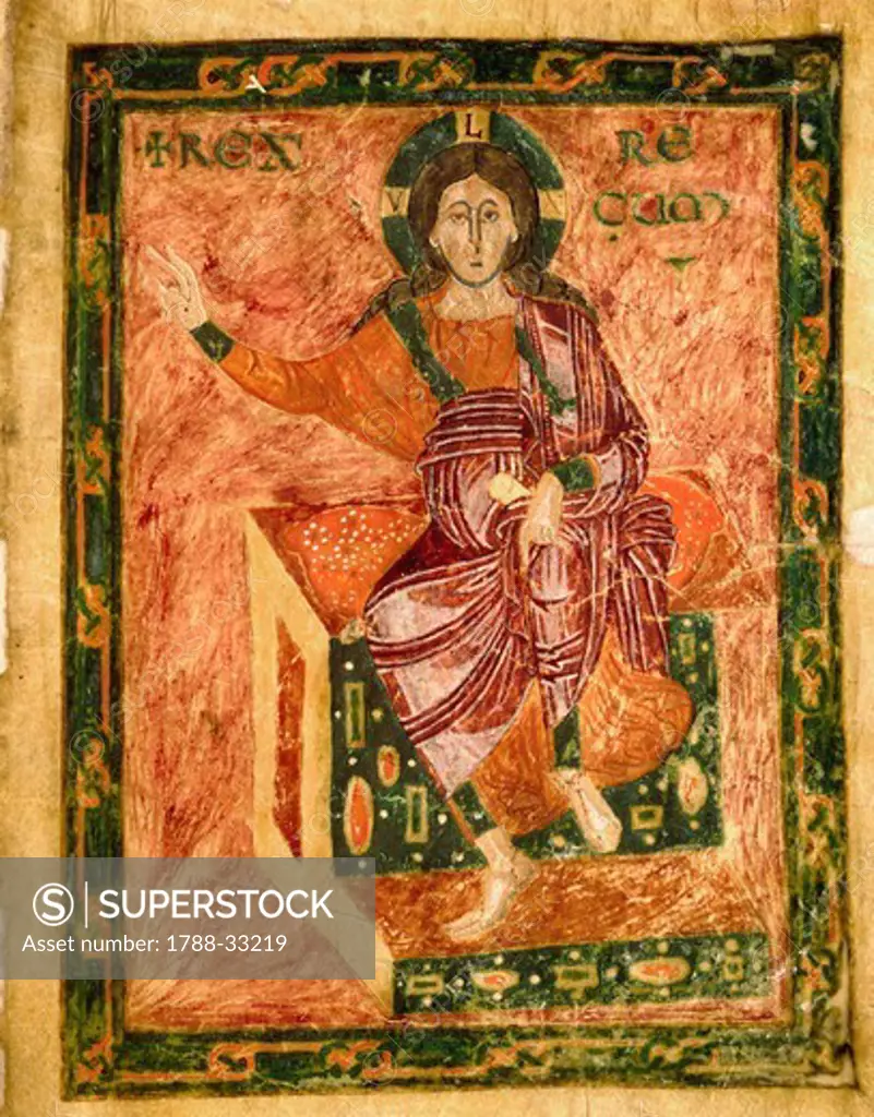 Christ on the throne, miniature from the Homilies by Saint Gregory, from the Nonantola School, Italy 9th Century.