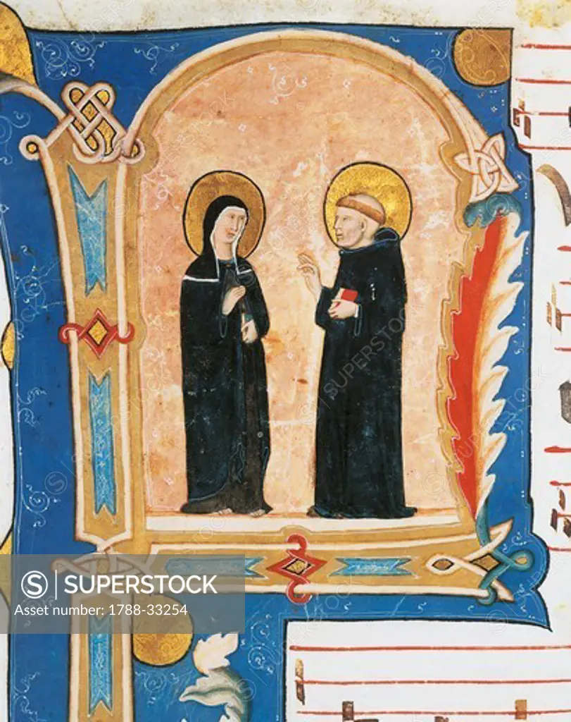 Initial capital letter with Saint Francis and Saint Clare, miniature from a Franciscan laudario, manuscript, Italy 15th Century.