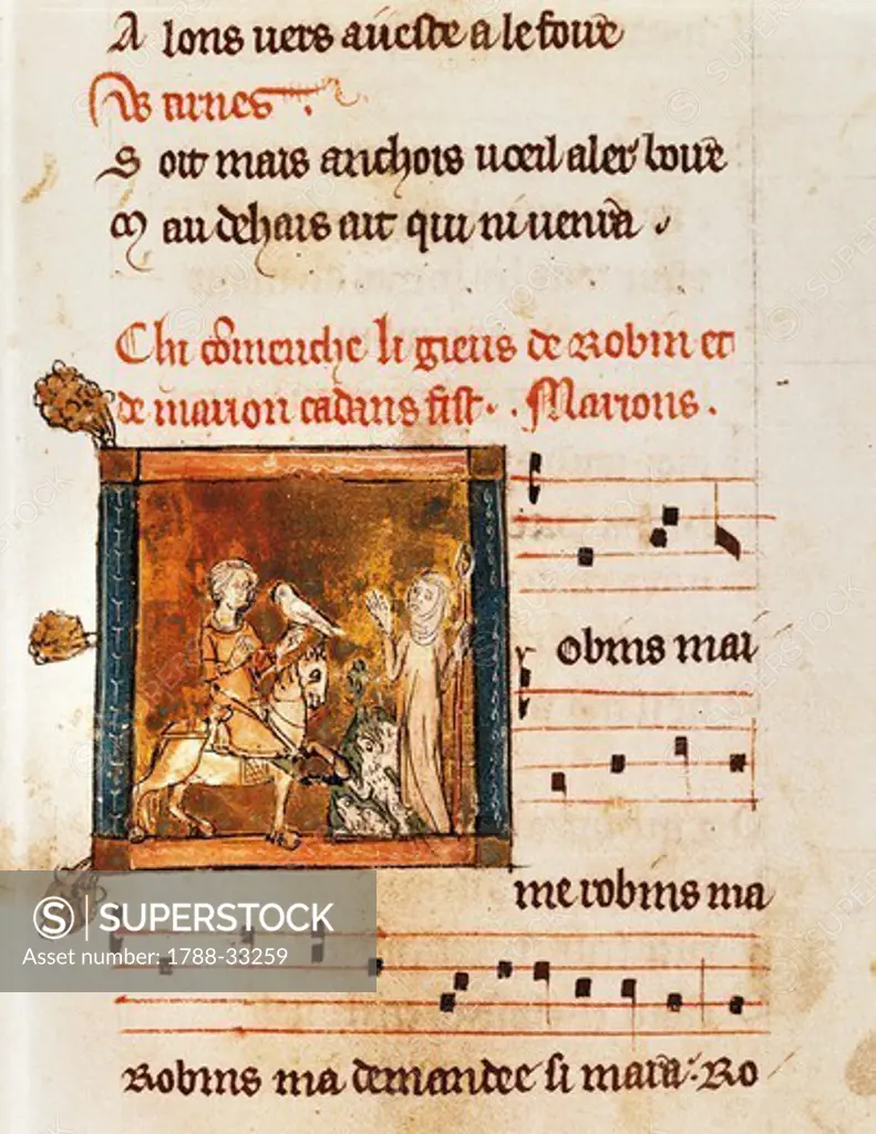 Miniature from The Game of Robin and Marion, manuscript 25566, folio 39, ca 1285, France.