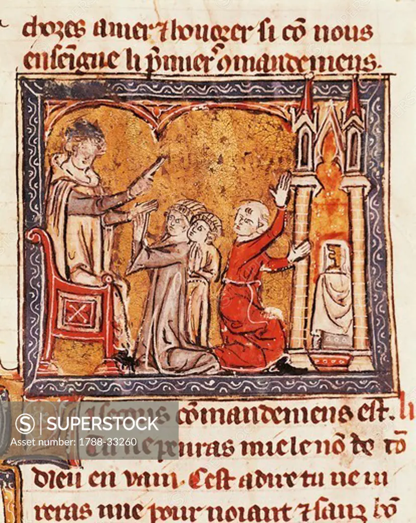 King Philip the Bold giving instruction on the First Commandment, miniature from The Sum of the King by King Philip the Bold, manuscript 571 folio 1, France 14th Century.