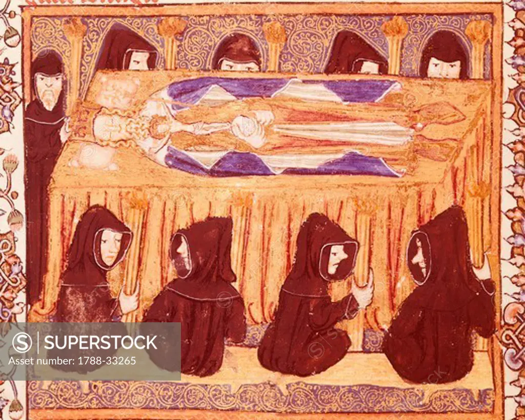 The burial of an English king, from the Liber Regalis, manuscript, 14th Century.