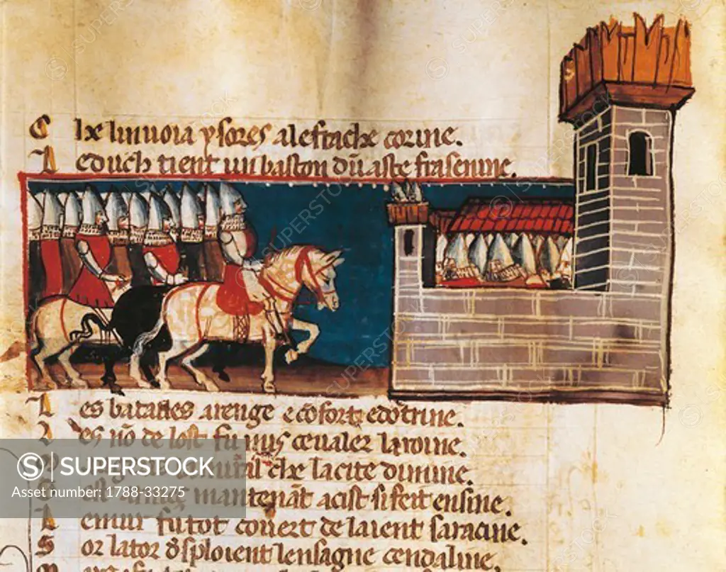 Knights arriving at a fortress, miniature from the Entree d'Espagne manuscript, 14th Century.