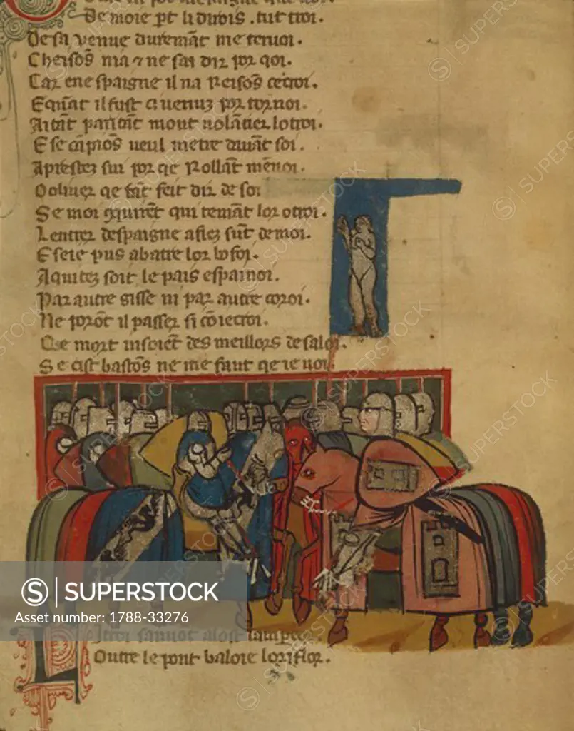 Cavalry warriors, illuminated manuscript, 14th century