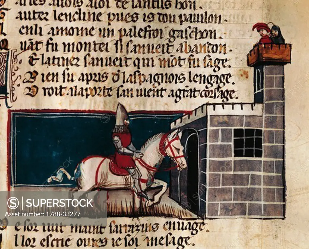 Lone knight arriving at a castle, miniature from the Entree d'Espagne manuscript, 14th Century.
