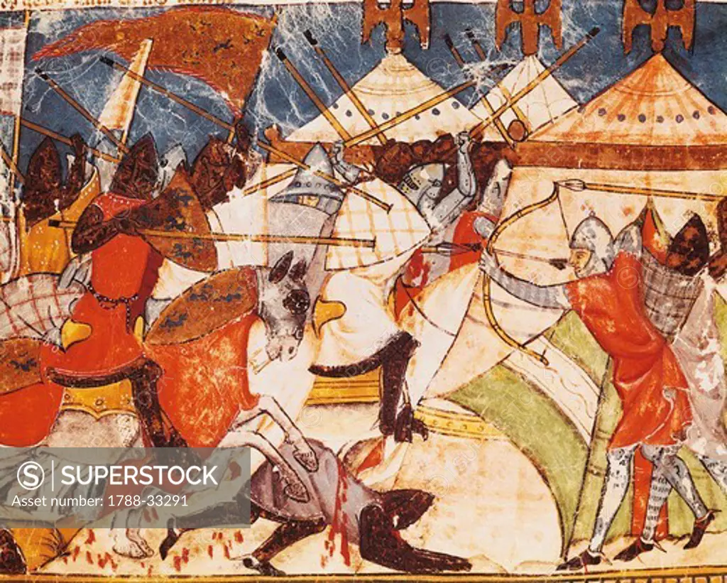 Battle in the Greek camp, miniature from Trojan history, manuscript, Spain 15th Century.