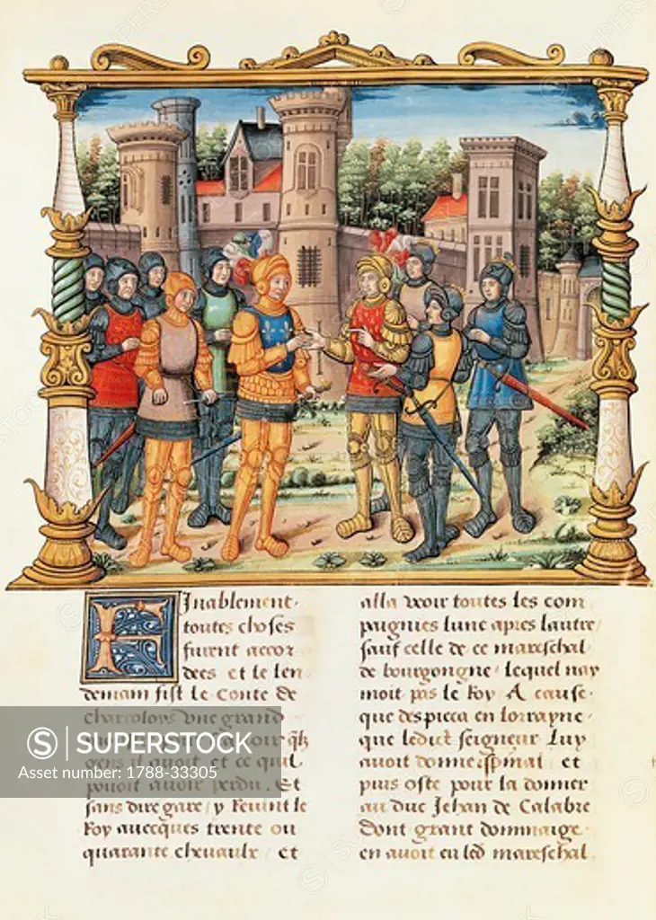 Signing of the Treaty of Conflans, miniature from a manuscript from the Rouen School, France 16th Century.