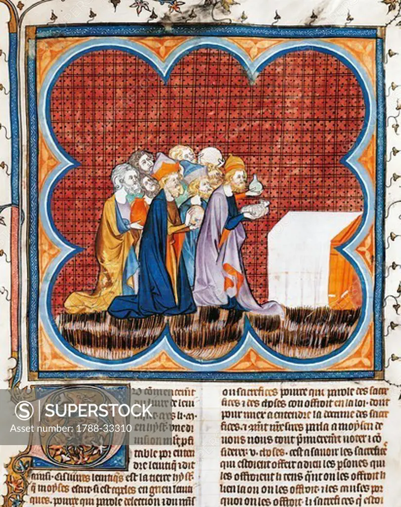 The chosen people making their offerings to God, miniature from Guiart des Moulins and Peter Comestor's Bible, manuscript folio 1 recto, late 13th-early 14th Century.