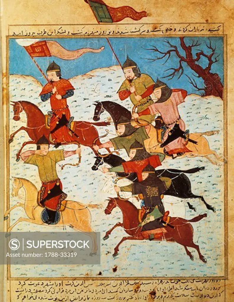 Fighting between Mongol knights armed with bows and sabres, from a Persian manuscript.