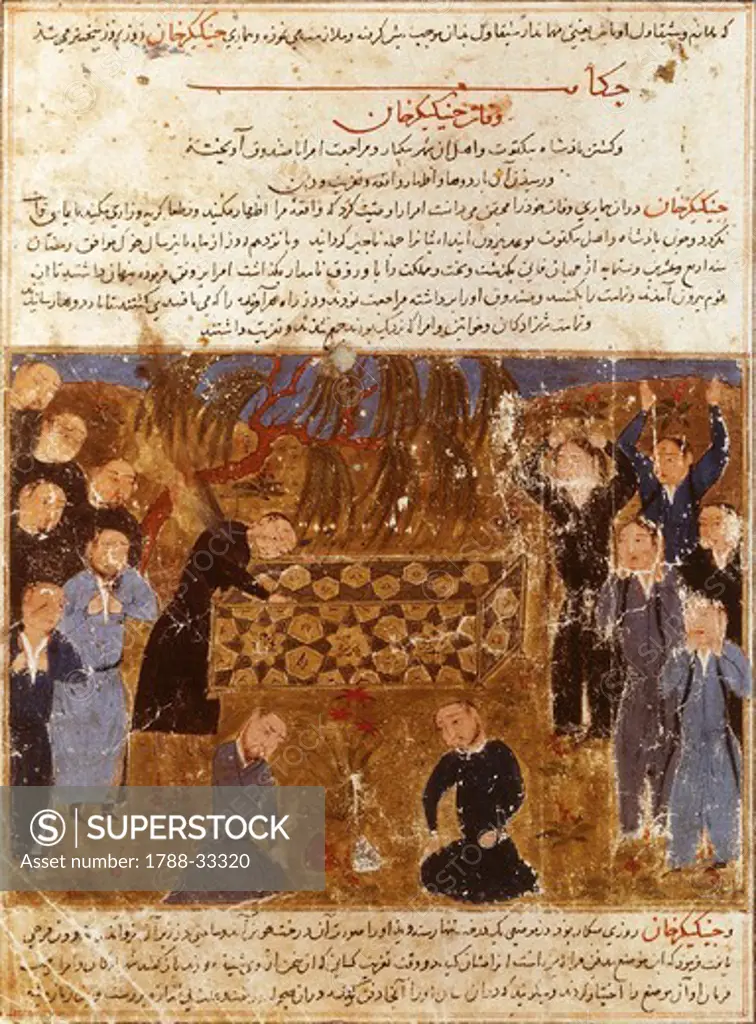 Genghis Khan's funeral: Mongols in mourning clothes, miniature from a Persian manuscript.