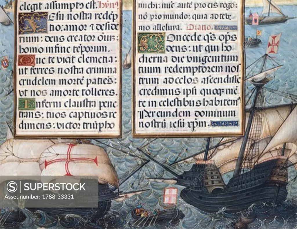 Portuguese caravels, miniature from Book of Hours of the Duchess of Burgundy, manuscript, France 16th Century.