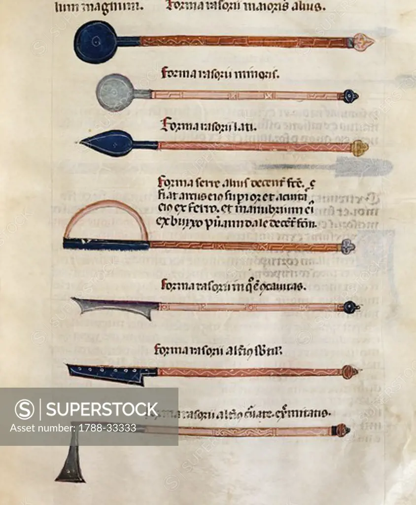 Surgical instruments, miniature form Treatise on Surgery by Albucasis or Abu al-Qasim al-Zahrawi, Latin manuscript, 14th Century.