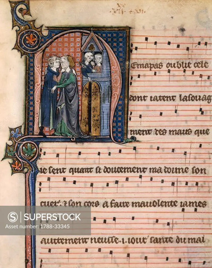 Love scene, miniature by Chansonnier de Paris, manuscript, France 1280-1315.