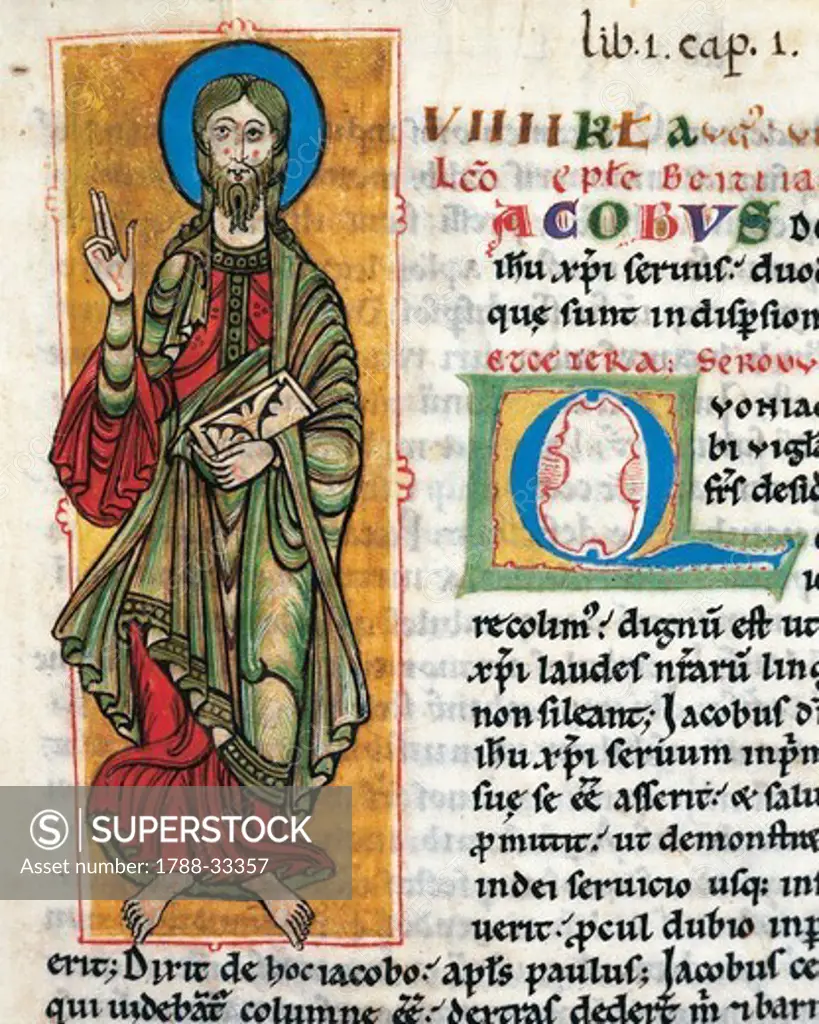 Saint James, miniature from the Calixtinus Code, Latin manuscript folio 4 recto, 12th Century.