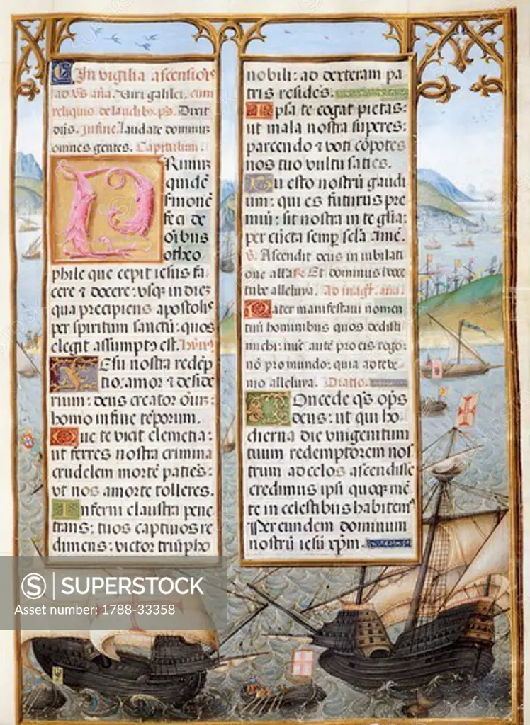 Caravels, Portuguese ship, miniature from The Isabella Breviary by Count Bertiandos, Portugal, 16th Century.