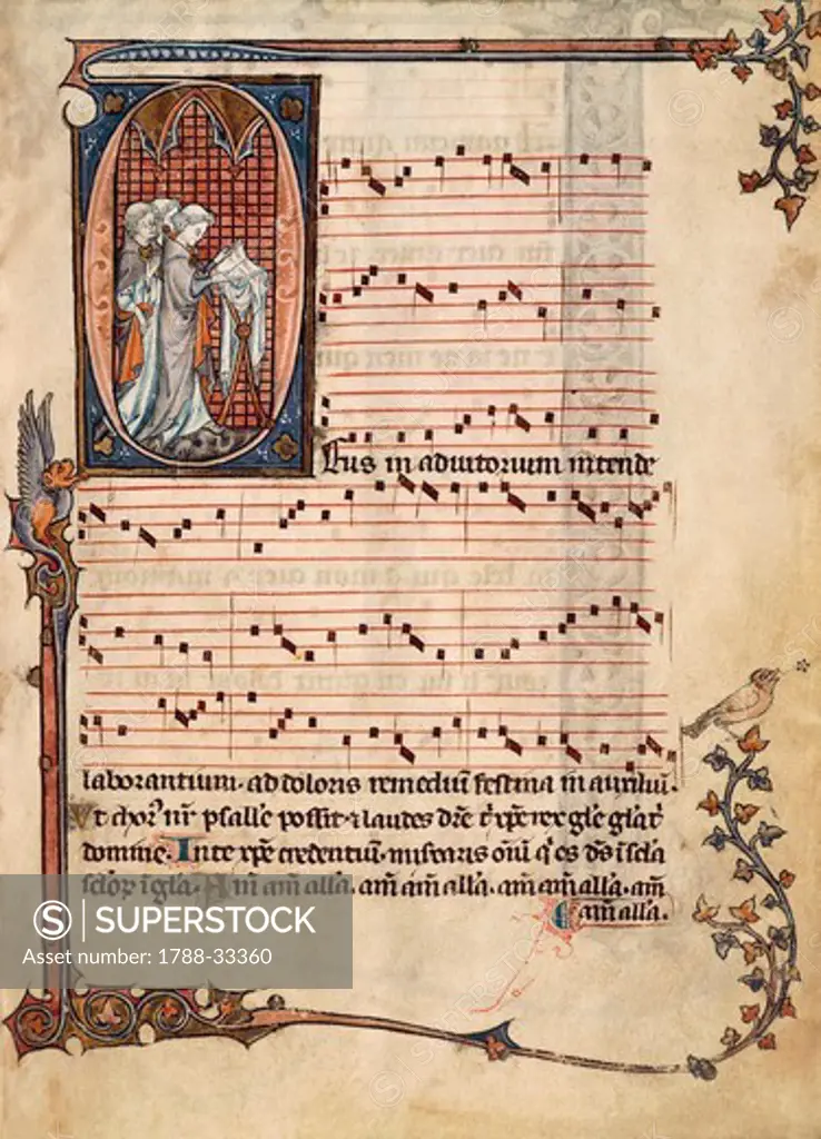 Music page with capital letter illuminations depicting singers, miniature by Chansonnier de Paris, manuscript, France 1280-1315.