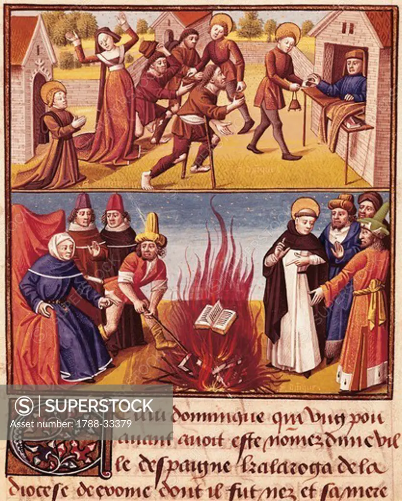 Saint Dominic burning the books of the Albigensians, miniature from Le Miroir Historial by Vincent of Beauvais, manuscript, France 15th Century.