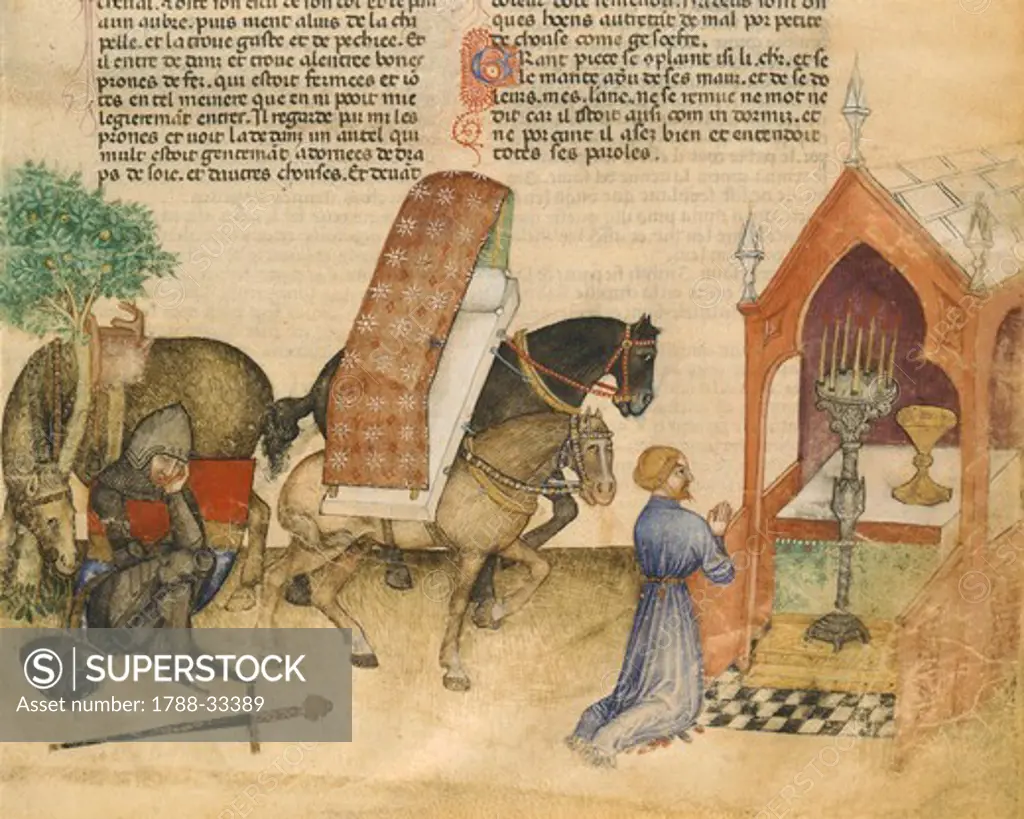 Scene of chivalry with man in prayer, miniature from Lancelot of the Lake, manuscript, France 14th Century.