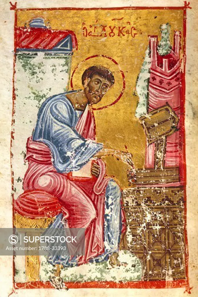 Luke the Evangelist, Byzantine miniature from the Code of the Queen Constance, Greek manuscript, 12th Century. Detail.