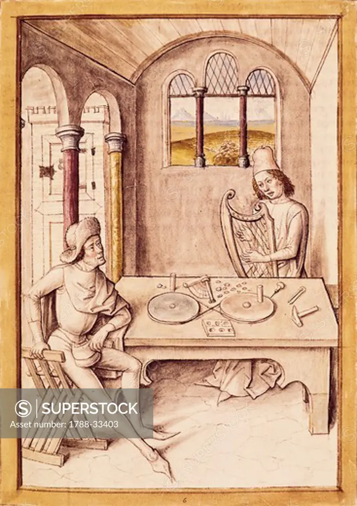 Interior music scene, miniature from a German translation of Les fables de Bidpai, 1480.