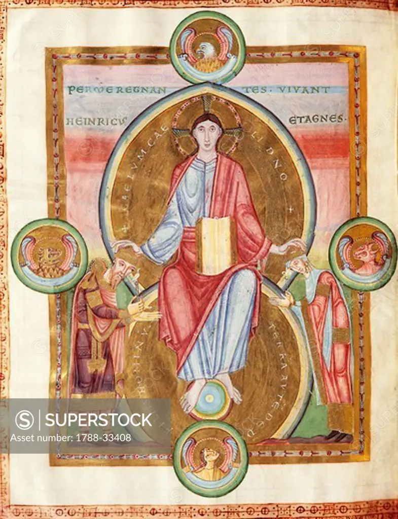 Emperor Henry III and his wife Agnes protected by Christ on the throne, miniature from Codex Caesareus Uppsaliensis (The Emperor's Bible in Uppsala), Germany, 1045.