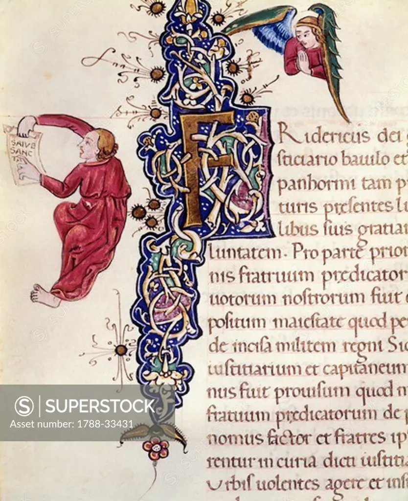 Initial capital letter, miniature from the Book of Privileges by Federico d'Aragona, Italy 14th-15th Century.
