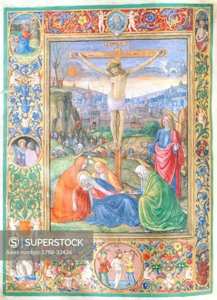 Crucifixion of Jesus, miniature from a missal by Monte Giovanni, Italy 16th Century.