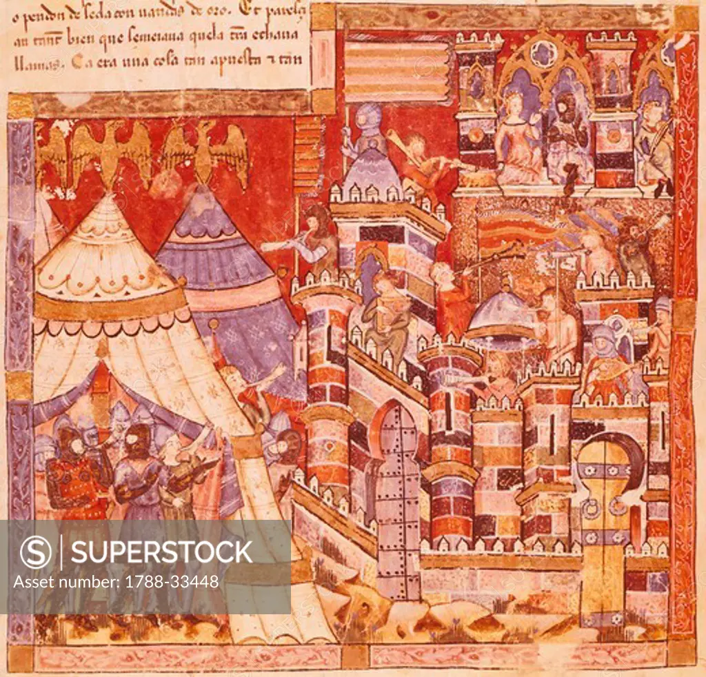 Greek encampment and the city of Troy, miniature from Trojan history, manuscript, Spain 15th Century.