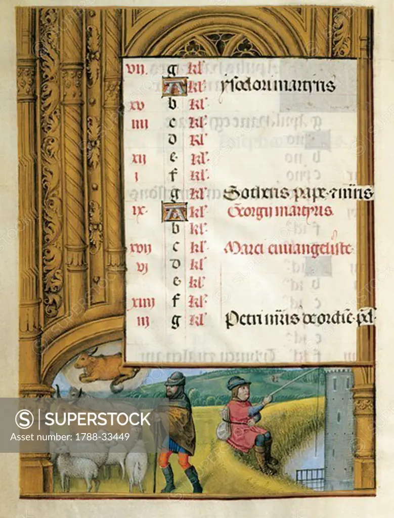 Calendar folio: Month of April, miniature, 15th Century.