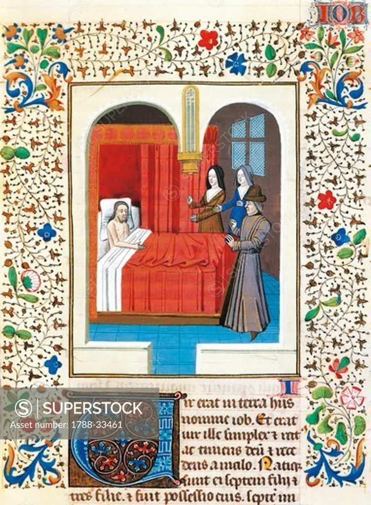 Job in bed being visited by a woman, miniature from Saint John XXII's Bible, Latin manuscript from The Papal palace in Avignon, folio 209 recto, France 15th Century.