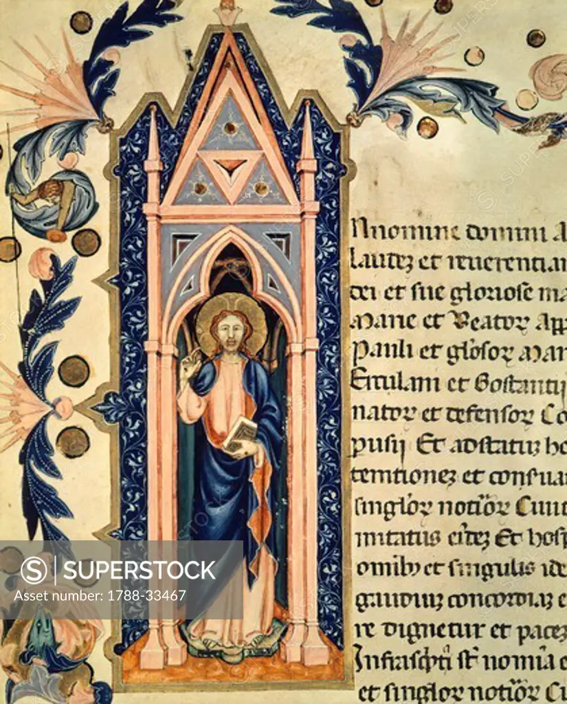 Initial capital letter depicting Christ in benediction, miniature from Register of Notaries from Perugia, manuscript, Italy 14th Century.